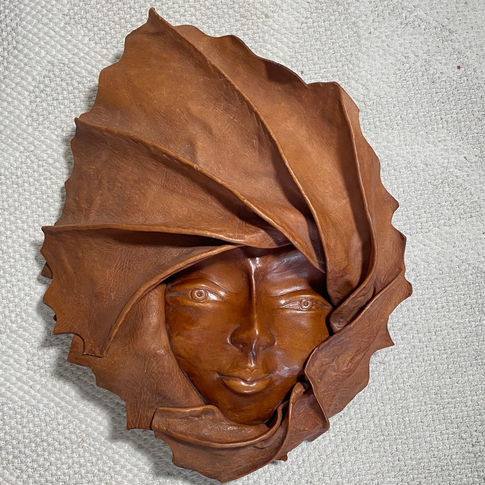 Handcrafted Brown Leaf Lady Face Leather Sculpture